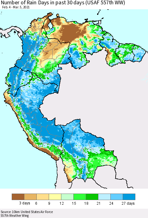 Northern South America Number of Rain Days in past 30 days (USAF 557th WW) 03/05/2021 Thematic Map For 3/1/2021 - 3/5/2021