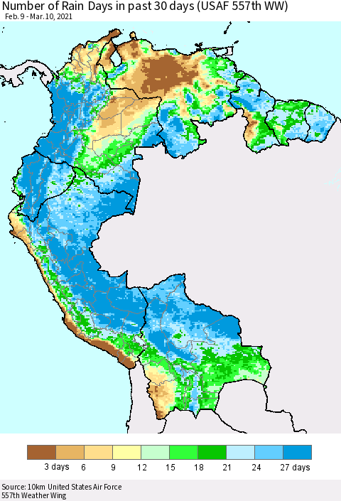 Northern South America Number of Rain Days in past 30 days (USAF 557th WW) 03/10/2021 Thematic Map For 3/6/2021 - 3/10/2021