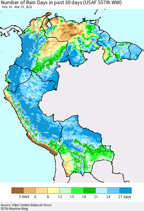 Northern South America Number of Rain Days in past 30 days (USAF 557th WW) 03/15/2021 Thematic Map For 3/11/2021 - 3/15/2021