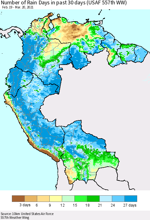 Northern South America Number of Rain Days in past 30 days (USAF 557th WW) 03/20/2021 Thematic Map For 3/16/2021 - 3/20/2021