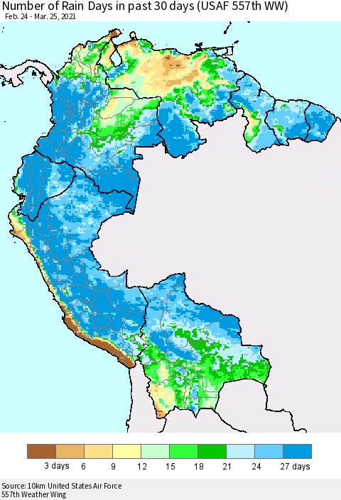 Northern South America Number of Rain Days in past 30 days (USAF 557th WW) 03/25/2021 Thematic Map For 3/21/2021 - 3/25/2021