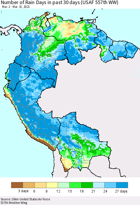 Northern South America Number of Rain Days in past 30 days (USAF 557th WW) 03/31/2021 Thematic Map For 3/26/2021 - 3/31/2021