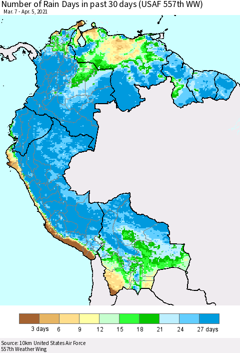 Northern South America Number of Rain Days in past 30 days (USAF 557th WW) 04/05/2021 Thematic Map For 4/1/2021 - 4/5/2021