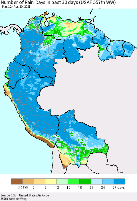 Northern South America Number of Rain Days in past 30 days (USAF 557th WW) 04/10/2021 Thematic Map For 4/6/2021 - 4/10/2021