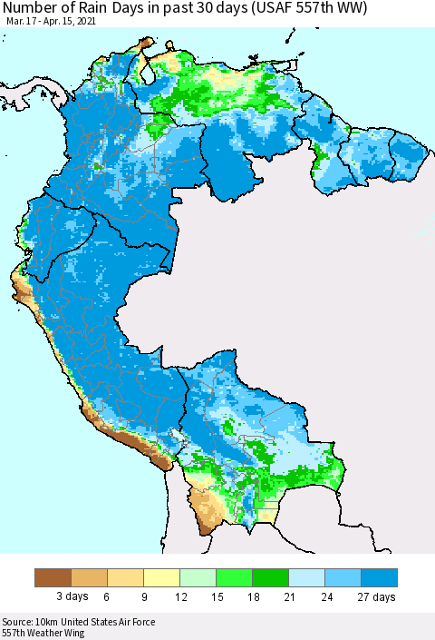 Northern South America Number of Rain Days in past 30 days (USAF 557th WW) 04/15/2021 Thematic Map For 4/11/2021 - 4/15/2021