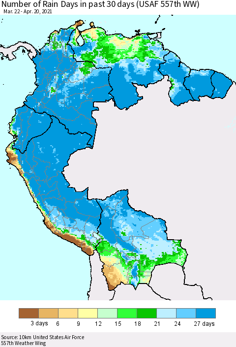 Northern South America Number of Rain Days in past 30 days (USAF 557th WW) 04/20/2021 Thematic Map For 4/16/2021 - 4/20/2021