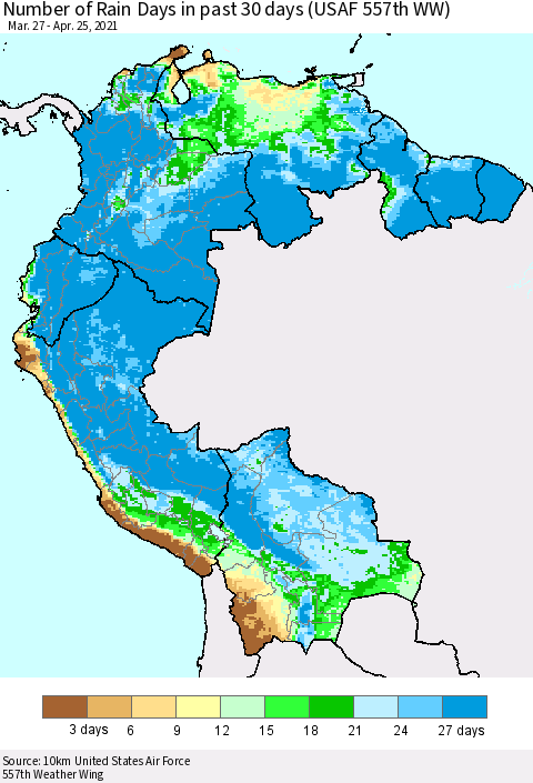 Northern South America Number of Rain Days in past 30 days (USAF 557th WW) 04/25/2021 Thematic Map For 4/21/2021 - 4/25/2021