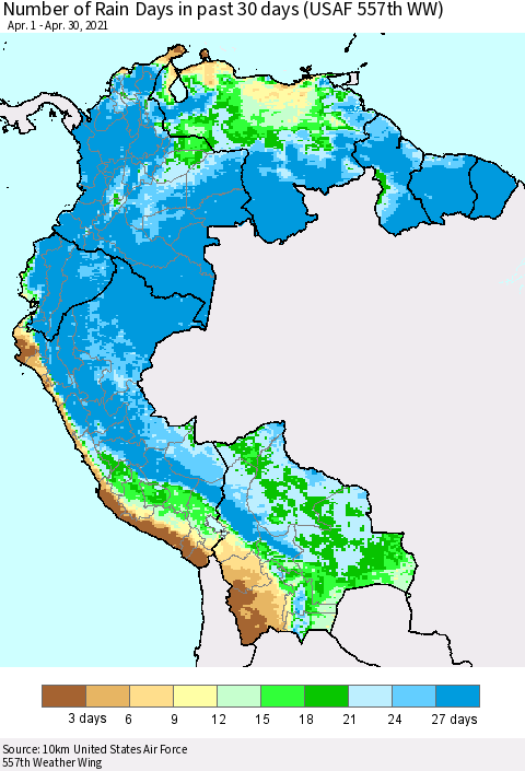 Northern South America Number of Rain Days in past 30 days (USAF 557th WW) 04/30/2021 Thematic Map For 4/26/2021 - 4/30/2021
