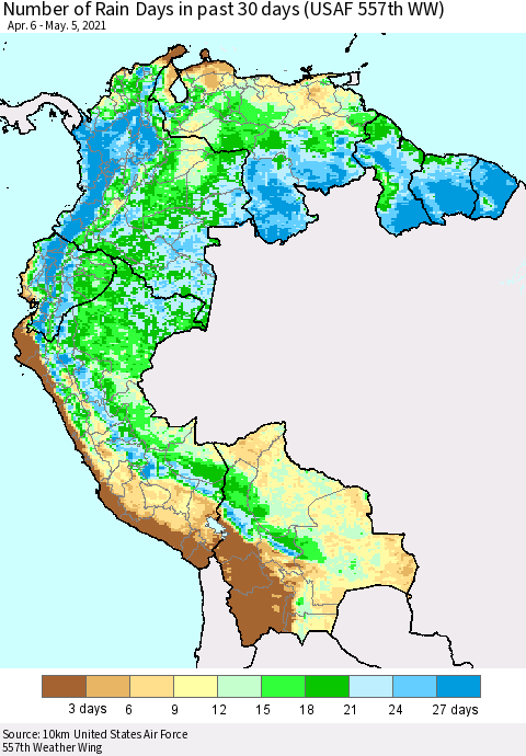 Northern South America Number of Rain Days in past 30 days (USAF 557th WW) 05/05/2021 Thematic Map For 5/1/2021 - 5/5/2021