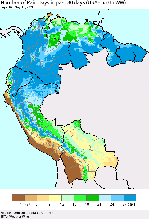 Northern South America Number of Rain Days in past 30 days (USAF 557th WW) 05/15/2021 Thematic Map For 5/11/2021 - 5/15/2021