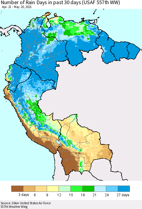 Northern South America Number of Rain Days in past 30 days (USAF 557th WW) 05/20/2021 Thematic Map For 5/16/2021 - 5/20/2021