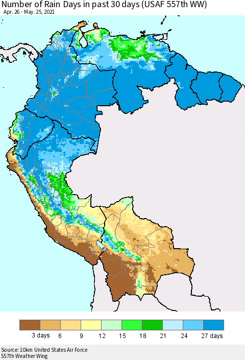 Northern South America Number of Rain Days in past 30 days (USAF 557th WW) 05/25/2021 Thematic Map For 5/21/2021 - 5/25/2021