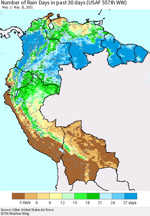 Northern South America Number of Rain Days in past 30 days (USAF 557th WW) 05/31/2021 Thematic Map For 5/26/2021 - 5/31/2021