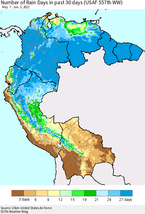 Northern South America Number of Rain Days in past 30 days (USAF 557th WW) 06/05/2021 Thematic Map For 6/1/2021 - 6/5/2021