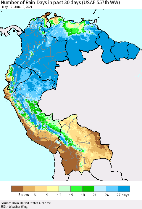 Northern South America Number of Rain Days in past 30 days (USAF 557th WW) 06/10/2021 Thematic Map For 6/6/2021 - 6/10/2021