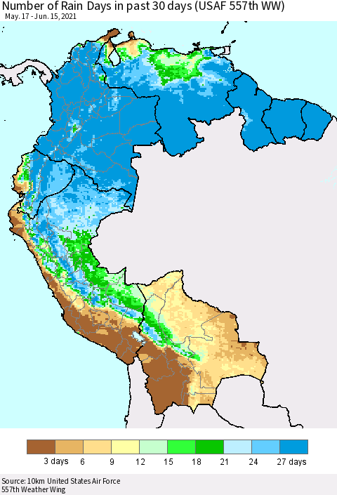 Northern South America Number of Rain Days in past 30 days (USAF 557th WW) 06/15/2021 Thematic Map For 6/11/2021 - 6/15/2021