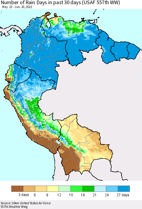 Northern South America Number of Rain Days in past 30 days (USAF 557th WW) 06/20/2021 Thematic Map For 6/16/2021 - 6/20/2021