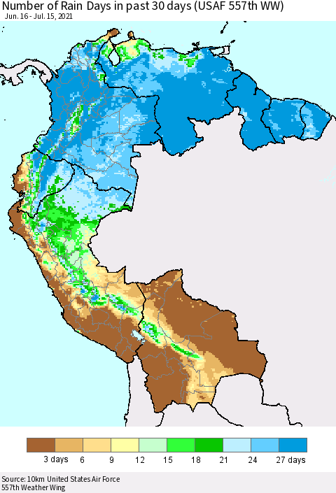 Northern South America Number of Rain Days in past 30 days (USAF 557th WW) 07/15/2021 Thematic Map For 7/11/2021 - 7/15/2021