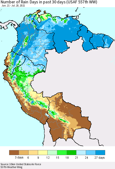 Northern South America Number of Rain Days in past 30 days (USAF 557th WW) 07/20/2021 Thematic Map For 7/16/2021 - 7/20/2021