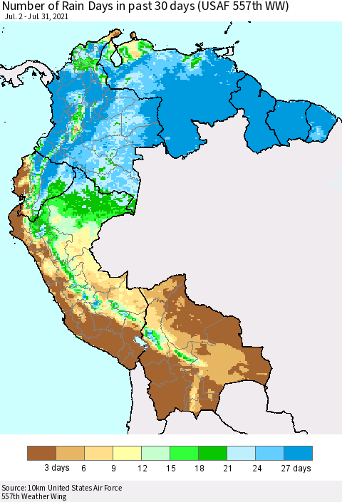Northern South America Number of Rain Days in past 30 days (USAF 557th WW) 07/31/2021 Thematic Map For 7/26/2021 - 7/31/2021