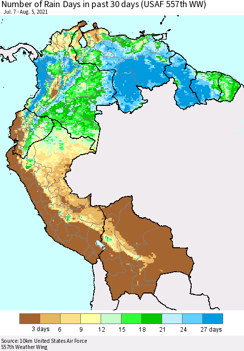Northern South America Number of Rain Days in past 30 days (USAF 557th WW) 08/05/2021 Thematic Map For 8/1/2021 - 8/5/2021
