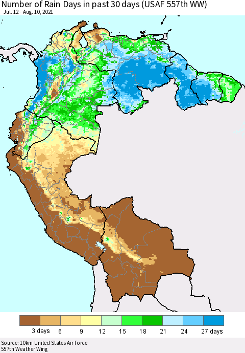 Northern South America Number of Rain Days in past 30 days (USAF 557th WW) 08/10/2021 Thematic Map For 8/6/2021 - 8/10/2021