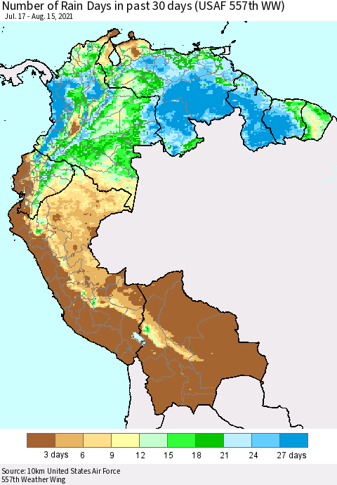 Northern South America Number of Rain Days in past 30 days (USAF 557th WW) 08/15/2021 Thematic Map For 8/11/2021 - 8/15/2021