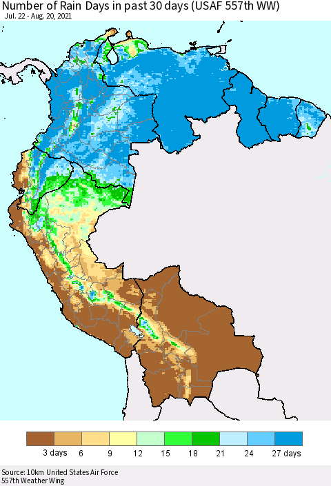 Northern South America Number of Rain Days in past 30 days (USAF 557th WW) 08/20/2021 Thematic Map For 8/16/2021 - 8/20/2021