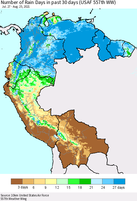 Northern South America Number of Rain Days in past 30 days (USAF 557th WW) 08/25/2021 Thematic Map For 8/21/2021 - 8/25/2021