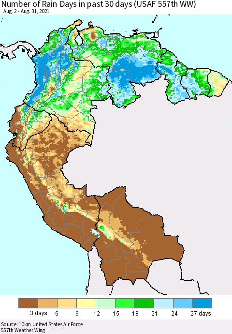 Northern South America Number of Rain Days in past 30 days (USAF 557th WW) 08/31/2021 Thematic Map For 8/26/2021 - 8/31/2021