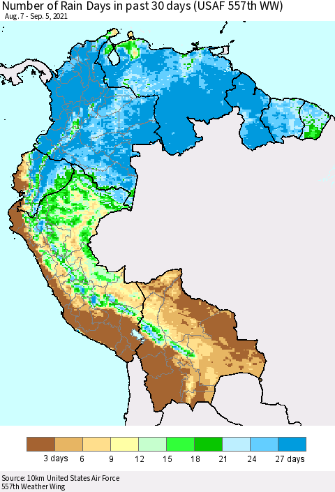 Northern South America Number of Rain Days in past 30 days (USAF 557th WW) 09/05/2021 Thematic Map For 9/1/2021 - 9/5/2021