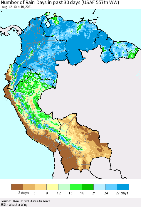 Northern South America Number of Rain Days in past 30 days (USAF 557th WW) 09/10/2021 Thematic Map For 9/6/2021 - 9/10/2021