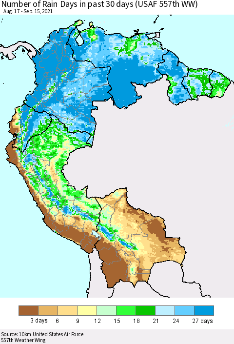 Northern South America Number of Rain Days in past 30 days (USAF 557th WW) 09/15/2021 Thematic Map For 9/11/2021 - 9/15/2021