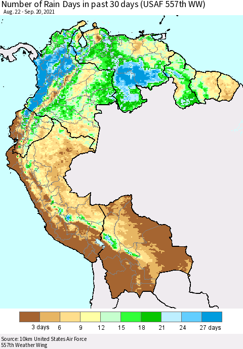 Northern South America Number of Rain Days in past 30 days (USAF 557th WW) 09/20/2021 Thematic Map For 9/16/2021 - 9/20/2021