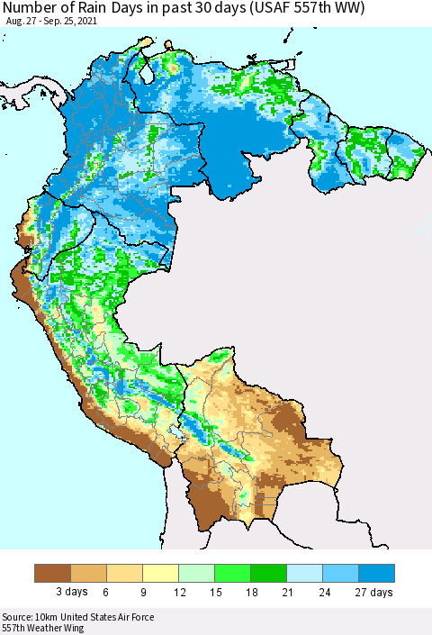 Northern South America Number of Rain Days in past 30 days (USAF 557th WW) 09/25/2021 Thematic Map For 9/21/2021 - 9/25/2021