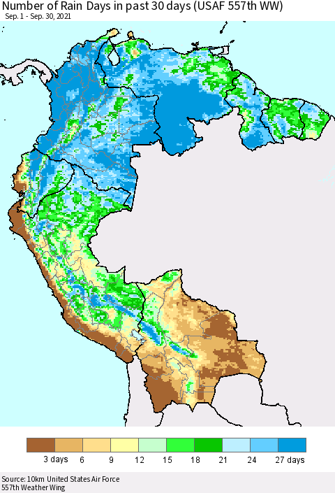 Northern South America Number of Rain Days in past 30 days (USAF 557th WW) 09/30/2021 Thematic Map For 9/26/2021 - 9/30/2021