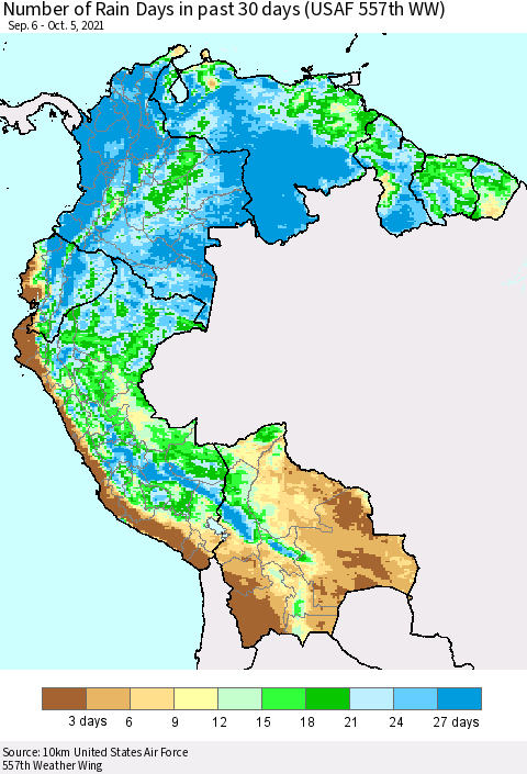 Northern South America Number of Rain Days in past 30 days (USAF 557th WW) 10/05/2021 Thematic Map For 10/1/2021 - 10/5/2021