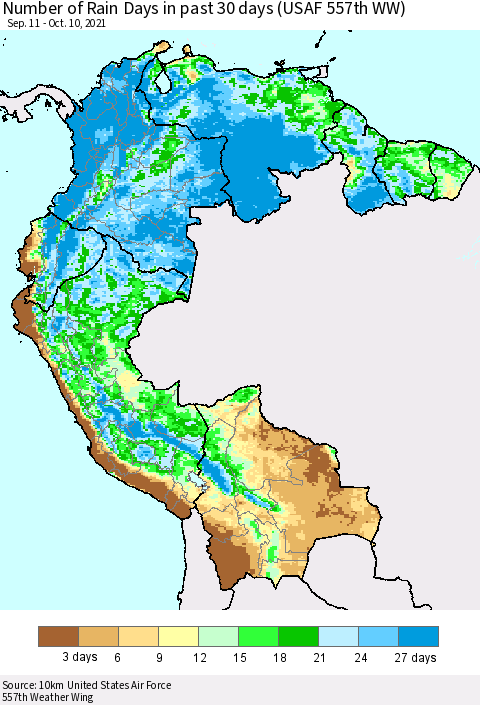Northern South America Number of Rain Days in past 30 days (USAF 557th WW) 10/10/2021 Thematic Map For 10/6/2021 - 10/10/2021