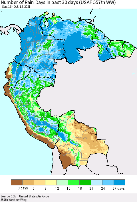 Northern South America Number of Rain Days in past 30 days (USAF 557th WW) 10/15/2021 Thematic Map For 10/11/2021 - 10/15/2021