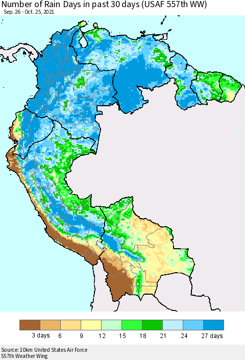 Northern South America Number of Rain Days in past 30 days (USAF 557th WW) 10/25/2021 Thematic Map For 10/21/2021 - 10/25/2021