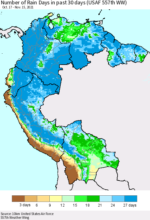 Northern South America Number of Rain Days in past 30 days (USAF 557th WW) 11/15/2021 Thematic Map For 11/11/2021 - 11/15/2021
