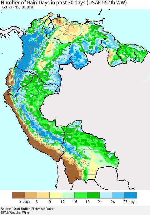 Northern South America Number of Rain Days in past 30 days (USAF 557th WW) 11/20/2021 Thematic Map For 11/16/2021 - 11/20/2021