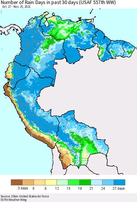 Northern South America Number of Rain Days in past 30 days (USAF 557th WW) 11/25/2021 Thematic Map For 11/21/2021 - 11/25/2021