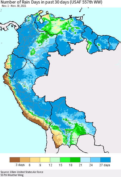 Northern South America Number of Rain Days in past 30 days (USAF 557th WW) 11/30/2021 Thematic Map For 11/26/2021 - 11/30/2021