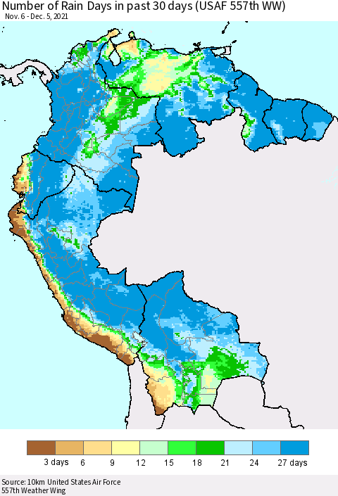 Northern South America Number of Rain Days in past 30 days (USAF 557th WW) 12/05/2021 Thematic Map For 12/1/2021 - 12/5/2021