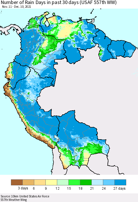 Northern South America Number of Rain Days in past 30 days (USAF 557th WW) 12/10/2021 Thematic Map For 12/6/2021 - 12/10/2021