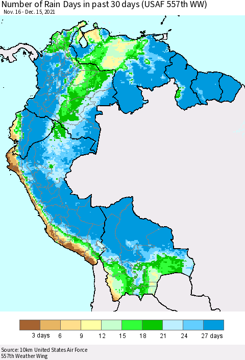 Northern South America Number of Rain Days in past 30 days (USAF 557th WW) 12/15/2021 Thematic Map For 12/11/2021 - 12/15/2021
