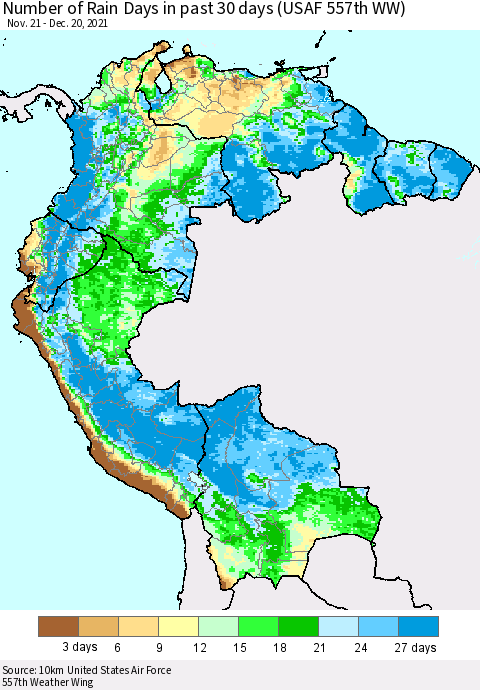 Northern South America Number of Rain Days in past 30 days (USAF 557th WW) 12/20/2021 Thematic Map For 12/16/2021 - 12/20/2021