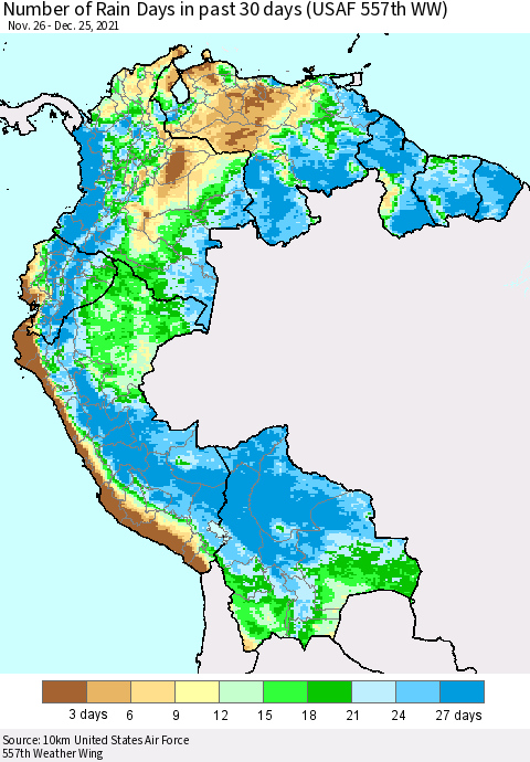 Northern South America Number of Rain Days in past 30 days (USAF 557th WW) 12/25/2021 Thematic Map For 12/21/2021 - 12/25/2021