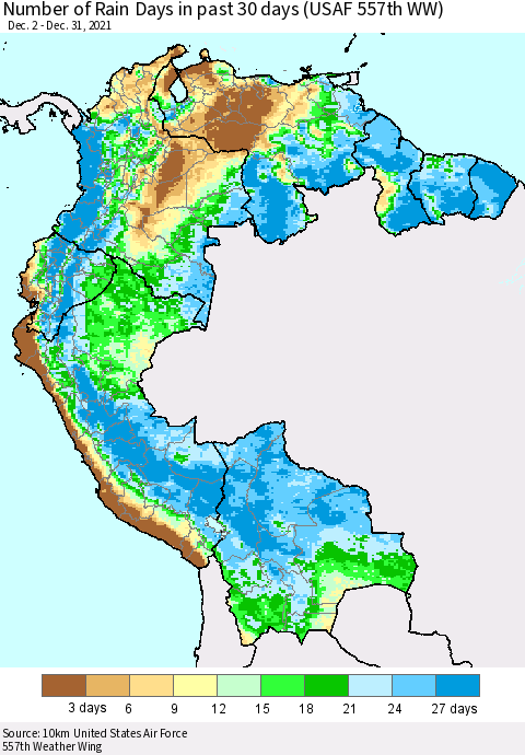Northern South America Number of Rain Days in past 30 days (USAF 557th WW) 12/31/2021 Thematic Map For 12/26/2021 - 12/31/2021